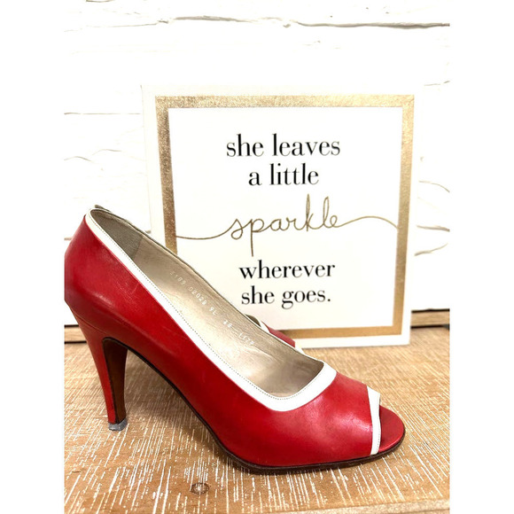 VTG Ottorino Bossi Italian Leather Pumps Red White Trim Open Toe EU 38/US 7.5B - Picture 1 of 7